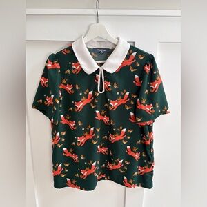 Modcloth Green and Red Fox Print Top